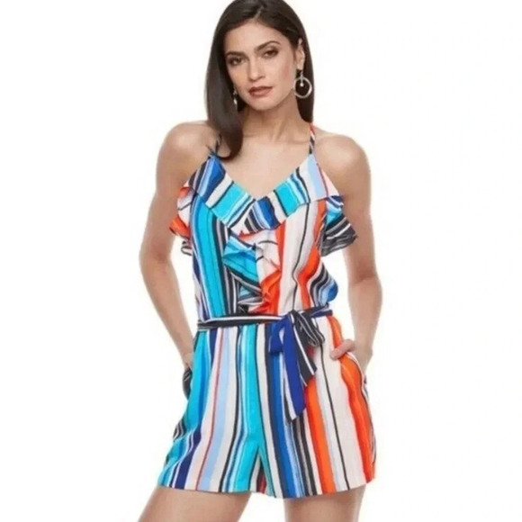 JENNIFER LOPEZ |  Multicolored Striped Ruffle Belted Romper With Pockets Size 6 - Picture 1 of 7